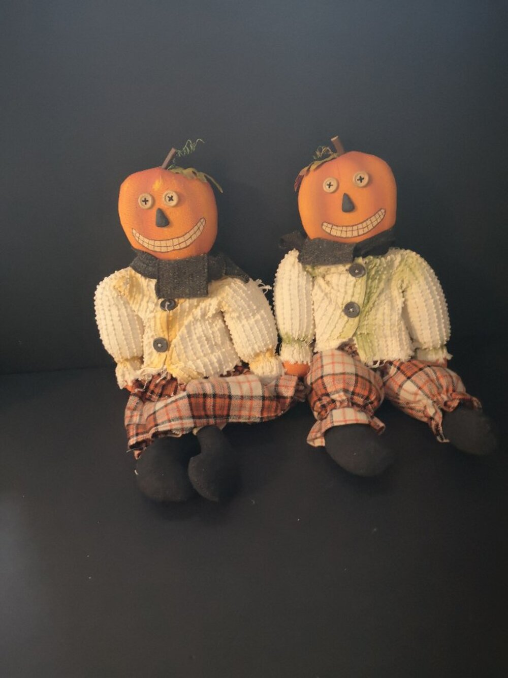 Folk Art Pumpkin Head Male & Female Shelf Sitters in Rustic Autumn Clothing